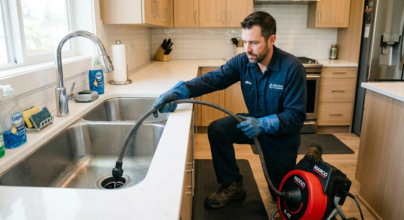 Drain cleaning technician using a motorized snake on a kitchen sink in Hammonton