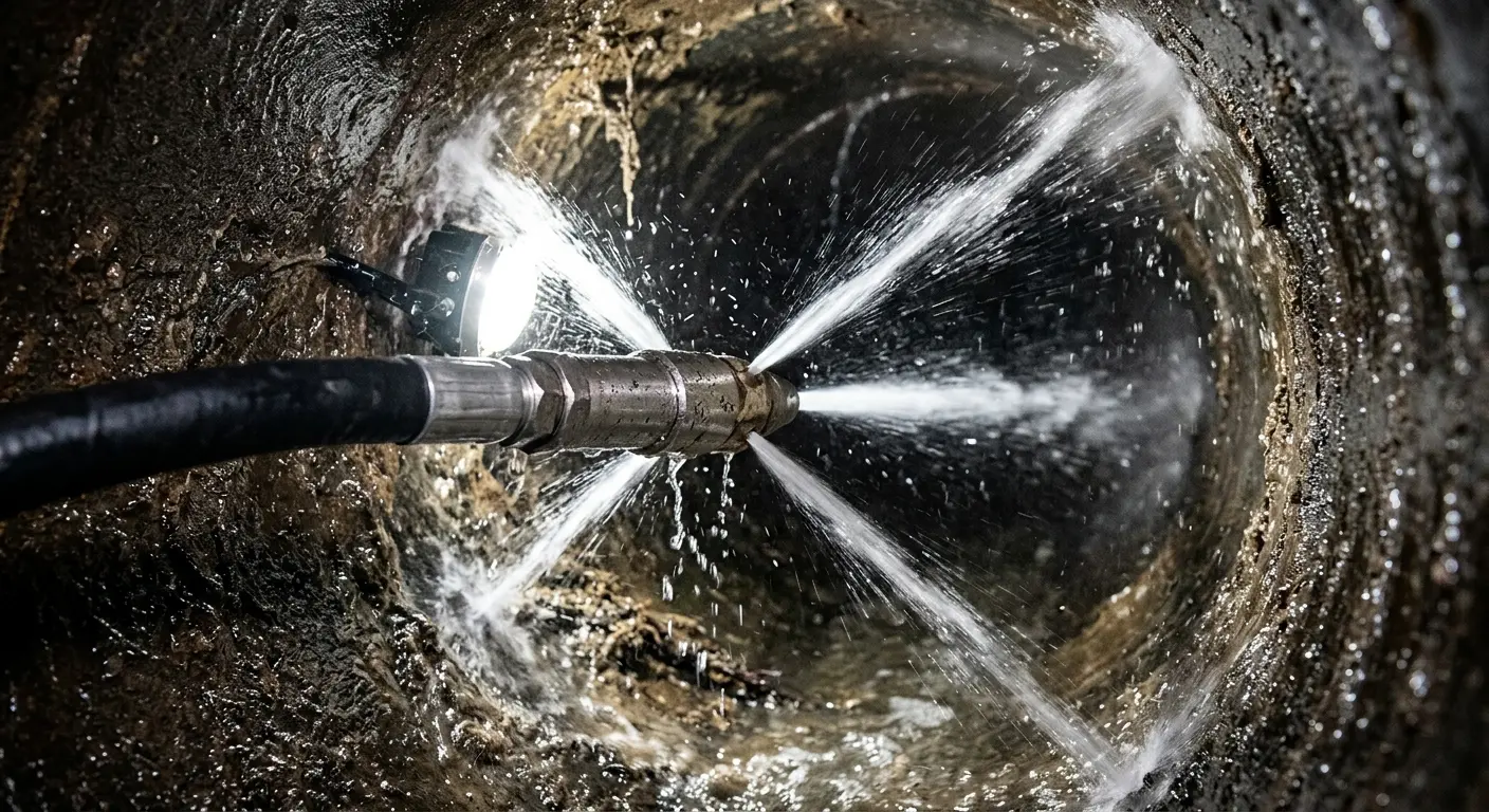 High-pressure hydro jetting nozzle cleaning sewer pipe for Emergency Drain Service in Hammonton