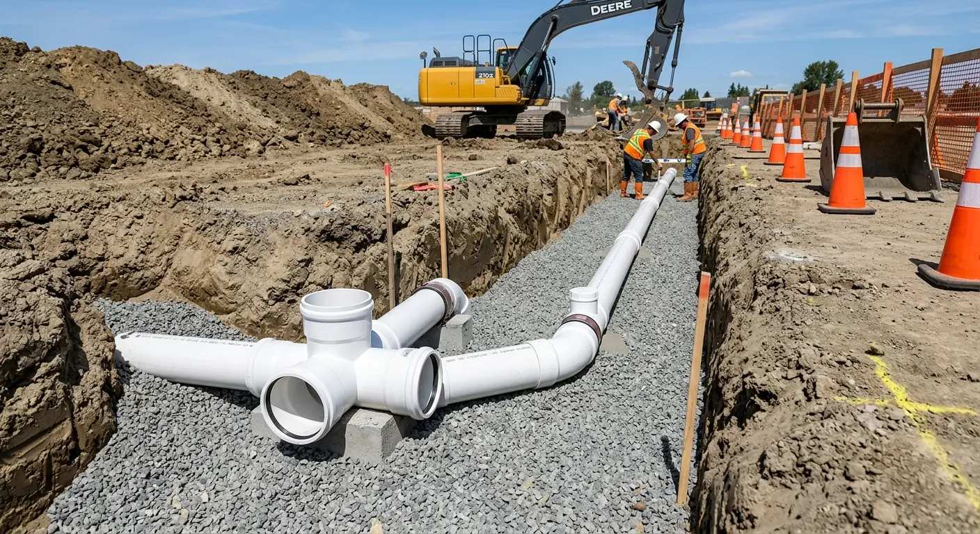 New PVC sewer pipe installation in open trench for Commercial Drain Cleaning in Hammonton