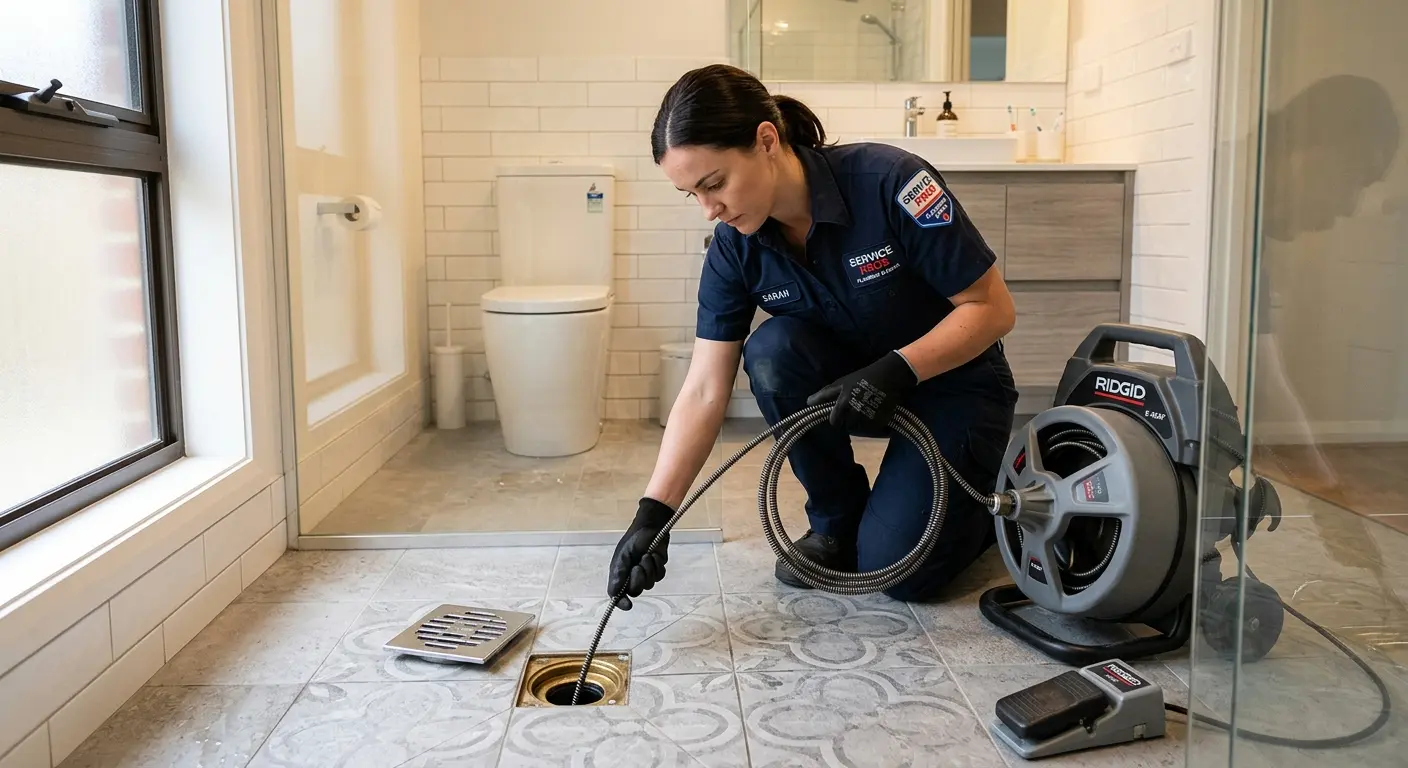 Technician clearing a bathroom floor drain for Sewer Line Replacement in Hammonton